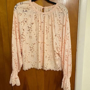 Free People Light Pink Olivia Lace Balloon Sleeve Flounce Cuff Blouse, Size S